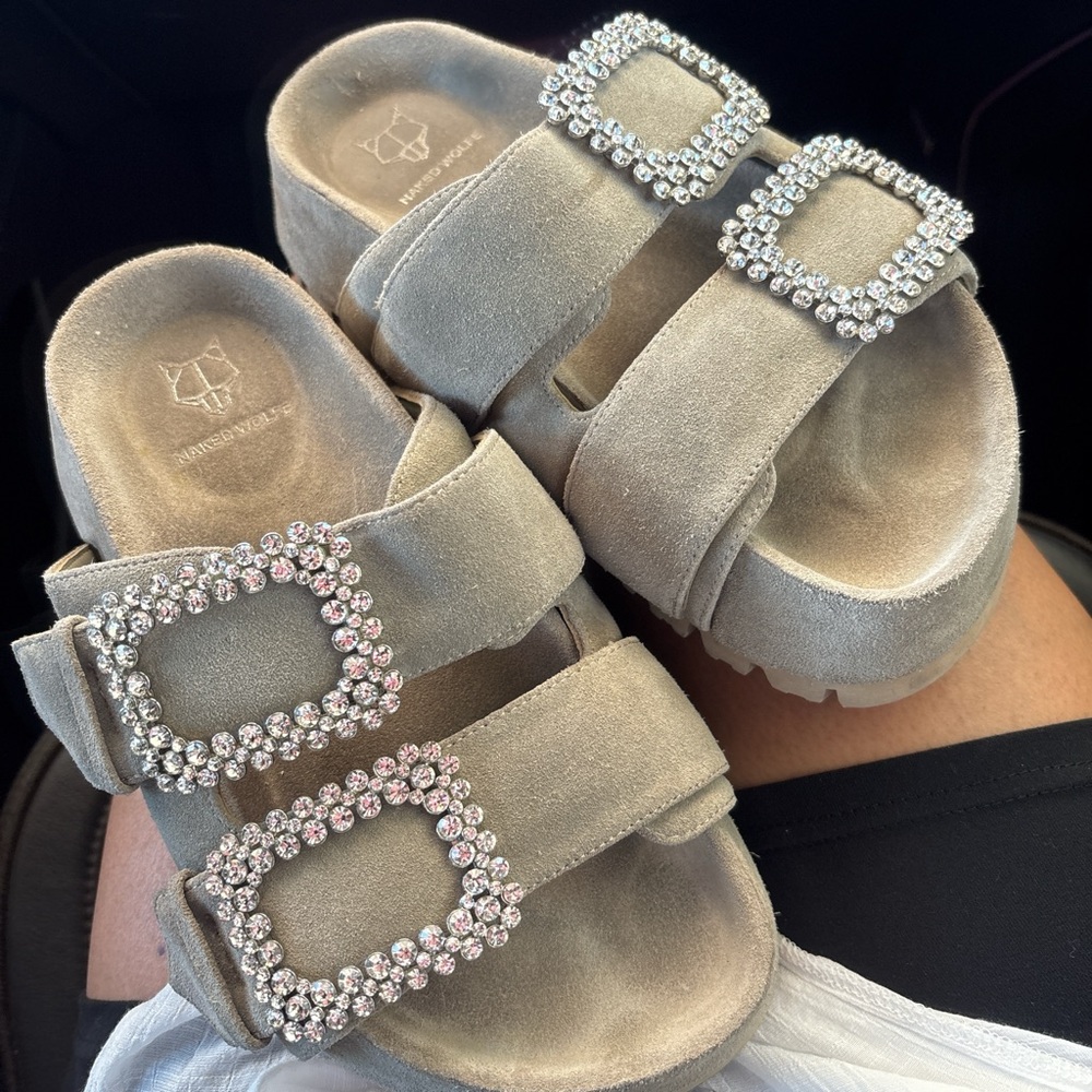 Naked Wolfe Gray Platform Sandals with rhinestone bling buckle